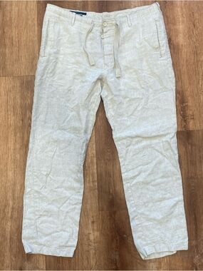 Perry Ellis Linen Pants Mens 38x30 Beige Button Fly Drawstring Beachy Summer